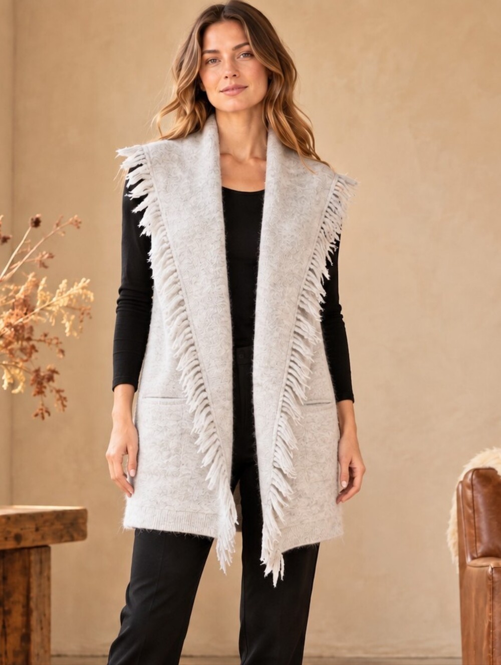 Wilfred Free Fringe Cardigan Open Front Alpaca Blend Light Grey M HAW7-3455-36